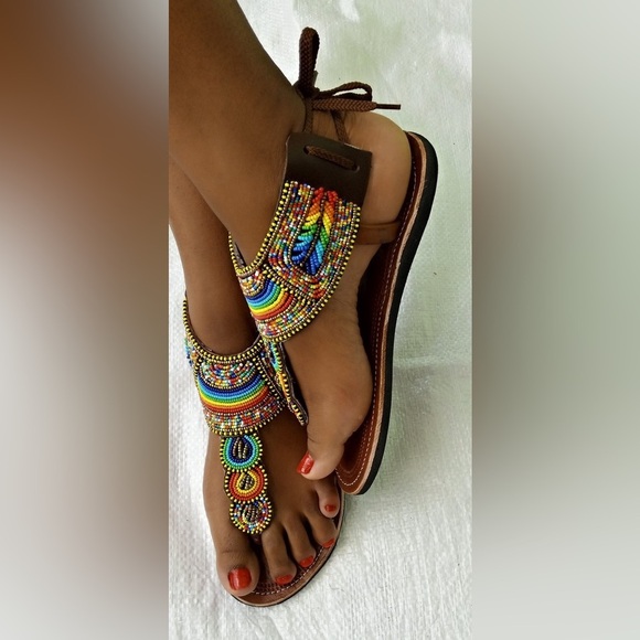 (T)Handmade Beaded Sandals, Size 35/5 - Picture 2 of 11